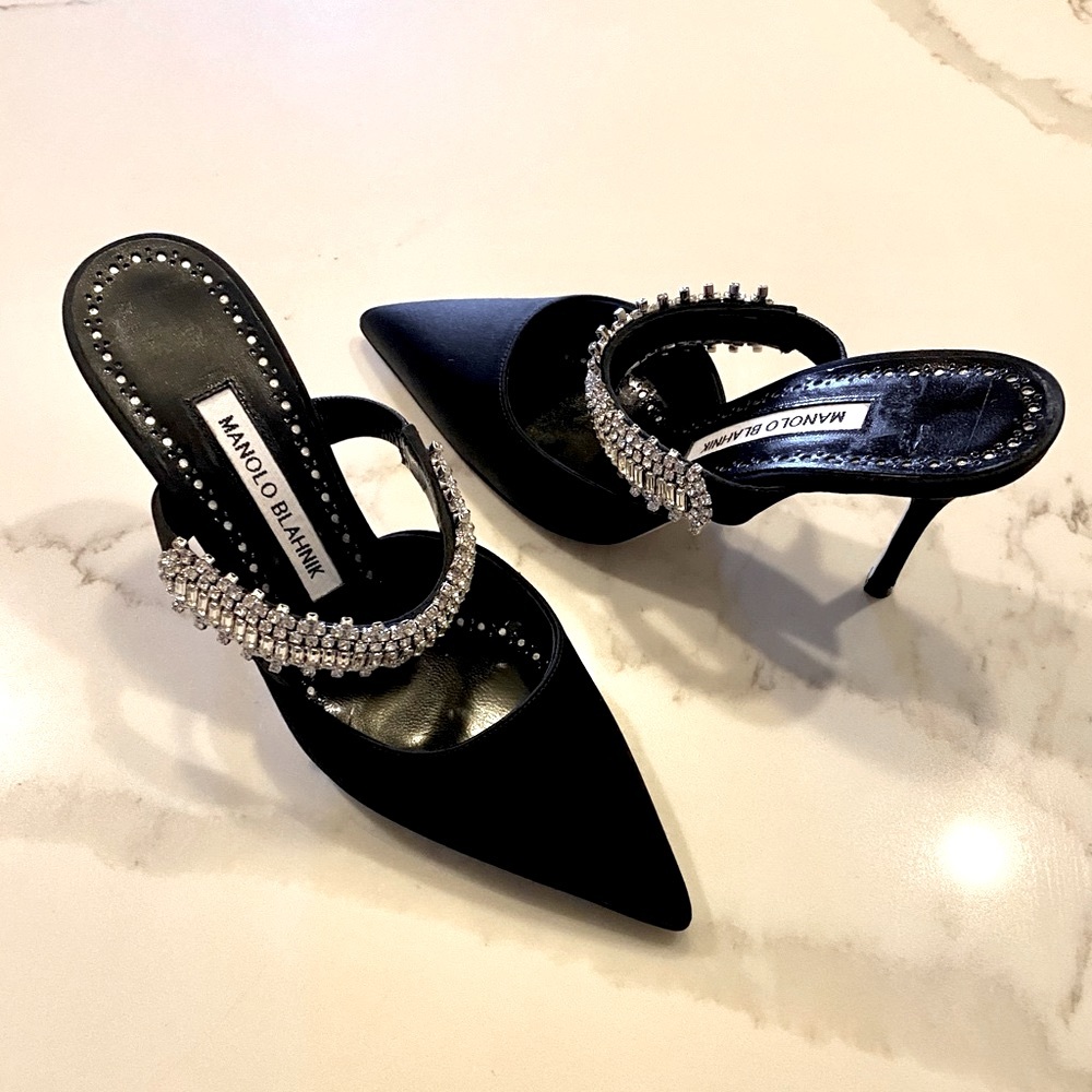 Manolo Blahnik Black Satin Pointed Toe Crystal Strap Mules